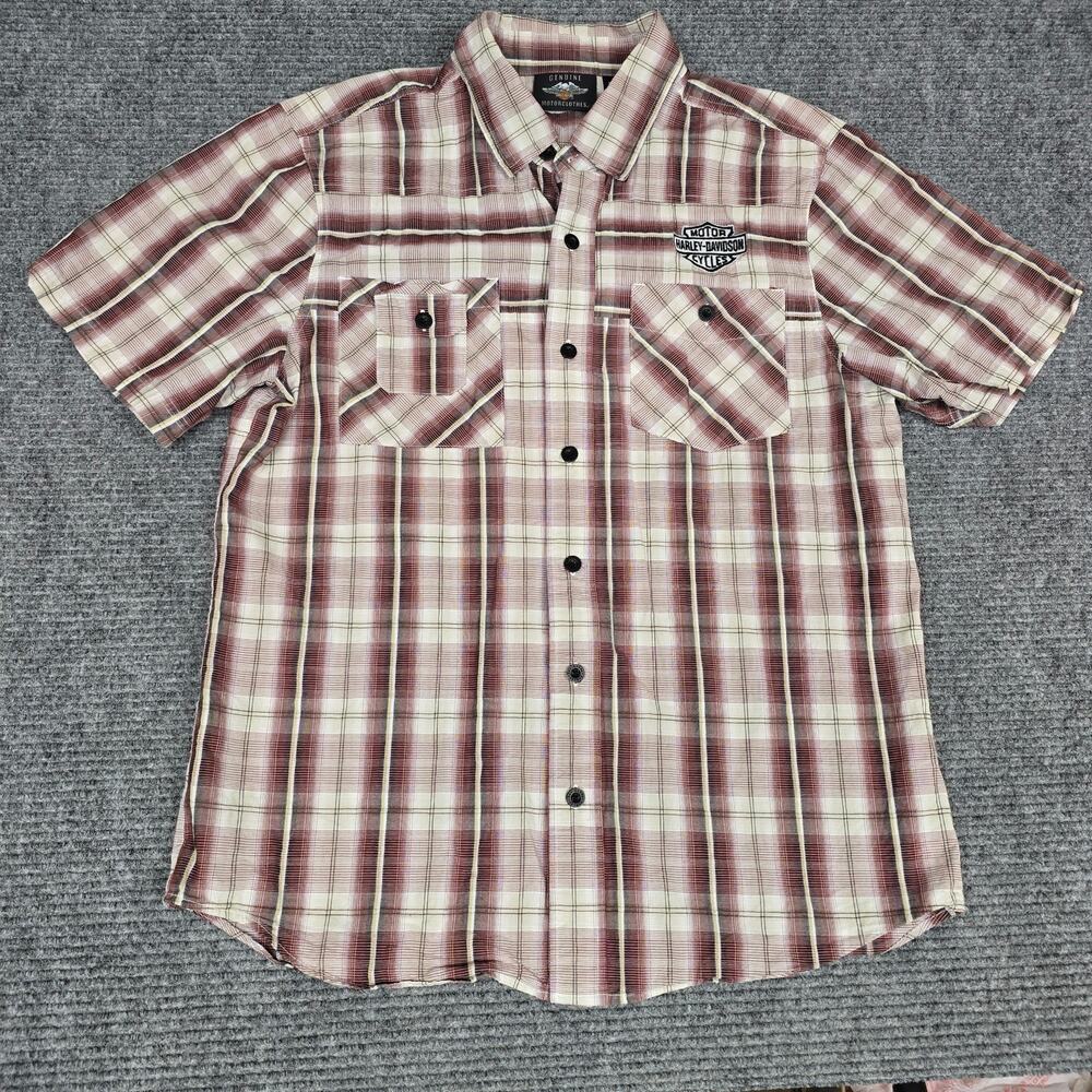 Harley Davidson MotorClothes Mens L Plaid Shirt Burgundy Cream Embroidered Logo